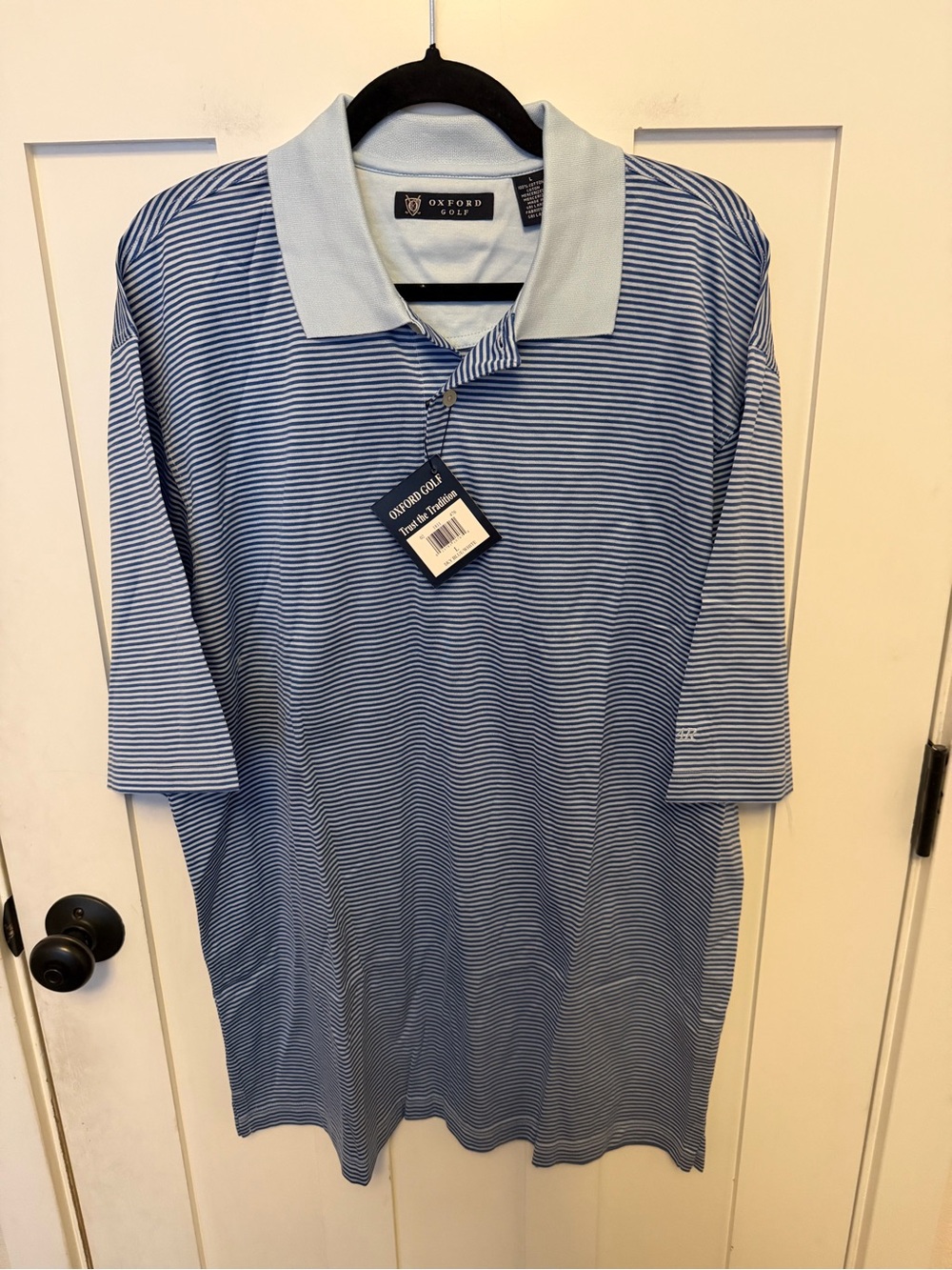 Oxford Golf striped men's polo shirt short sleeve performance blue & white NWT L